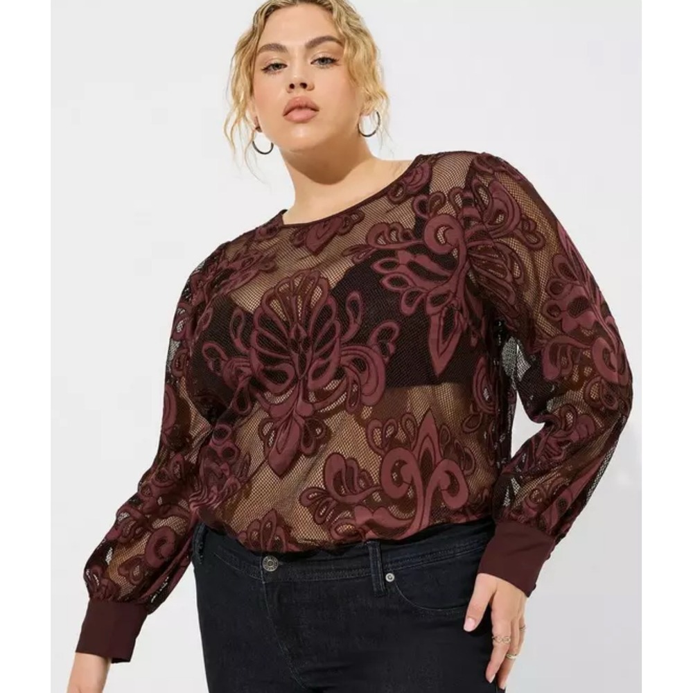 Torrid Womens Mesh Embroidered Long Sleeve Blouse Plus 5X Sassafras Keyhole